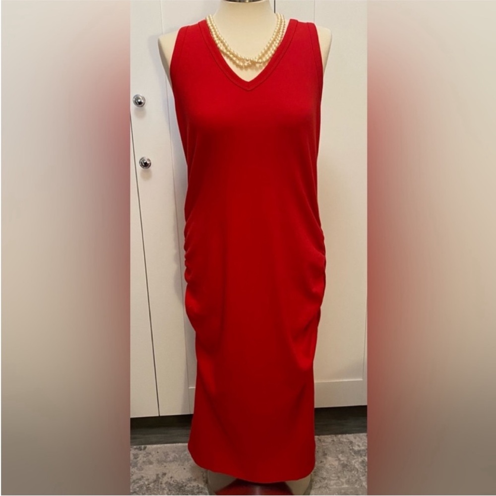 Red Sleeveless Tank V Neck Maxi Dress With Side Rushing Accent Sz LG NEW!